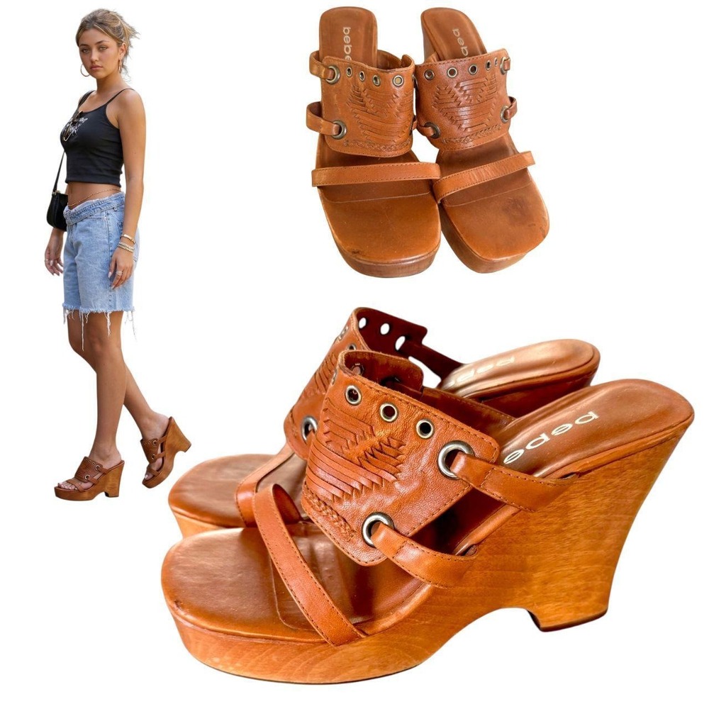 Stunning rare vintage 90s Bebe chunky wooden platform sandals 8.5-9 EUC - Picture 2 of 6